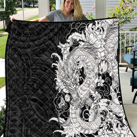 Hawaiian And Japanese Culture Quilt Irezumi Dragon With Polynesian Pattern Black - Polynesian Pride