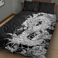 Hawaiian And Japanese Culture Quilt Bed Set Irezumi Dragon With Polynesian Pattern Black - Polynesian Pride