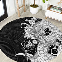 Hawaiian And Japanese Culture Round Carpet Irezumi Dragon With Polynesian Pattern Black - Polynesian Pride