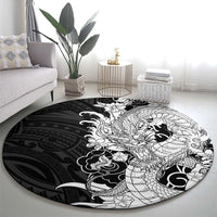 Hawaiian And Japanese Culture Round Carpet Irezumi Dragon With Polynesian Pattern Black - Polynesian Pride