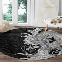 Hawaiian And Japanese Culture Round Carpet Irezumi Dragon With Polynesian Pattern Black - Polynesian Pride