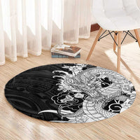 Hawaiian And Japanese Culture Round Carpet Irezumi Dragon With Polynesian Pattern Black - Polynesian Pride