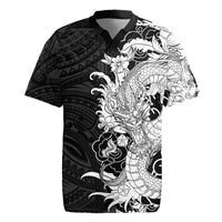 Hawaiian And Japanese Culture Rugby Jersey Irezumi Dragon With Polynesian Pattern Black LT05 Black - Polynesian Pride
