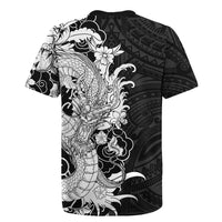 Hawaiian And Japanese Culture Rugby Jersey Irezumi Dragon With Polynesian Pattern Black LT05 - Polynesian Pride
