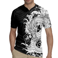 Hawaiian And Japanese Culture Rugby Jersey Irezumi Dragon With Polynesian Pattern Black LT05 - Polynesian Pride