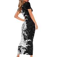 Hawaiian And Japanese Culture Short Sleeve Bodycon Dress Irezumi Dragon With Polynesian Pattern Black LT05 - Polynesian Pride