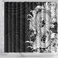 Hawaiian And Japanese Culture Shower Curtain Irezumi Dragon With Polynesian Pattern Black - Polynesian Pride