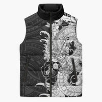 Hawaiian And Japanese Culture Sleeveless Puffer Jacket Irezumi Dragon With Polynesian Pattern Black LT05 Unisex Black - Polynesian Pride