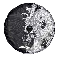 Hawaiian And Japanese Culture Spare Tire Cover Irezumi Dragon With Polynesian Pattern Black - Polynesian Pride