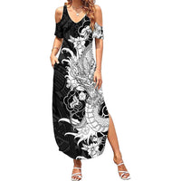 Hawaiian And Japanese Culture Summer Maxi Dress Irezumi Dragon With Polynesian Pattern Black LT05 Women Black - Polynesian Pride