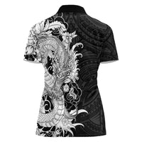 Hawaiian And Japanese Culture Women Polo Shirt Irezumi Dragon With Polynesian Pattern Black - Polynesian Pride