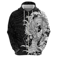 Hawaiian And Japanese Culture Zip Hoodie Irezumi Dragon With Polynesian Pattern Black LT05 - Polynesian Pride