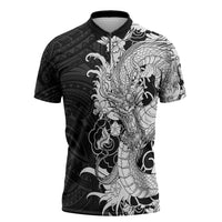 Hawaiian And Japanese Culture Zipper Polo Shirt Irezumi Dragon With Polynesian Pattern Black LT05 Black - Polynesian Pride