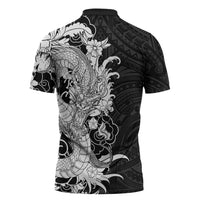 Hawaiian And Japanese Culture Zipper Polo Shirt Irezumi Dragon With Polynesian Pattern Black LT05 - Polynesian Pride