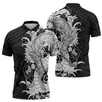 Hawaiian And Japanese Culture Zipper Polo Shirt Irezumi Dragon With Polynesian Pattern Black LT05 - Polynesian Pride