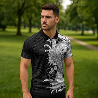 Hawaiian And Japanese Culture Zipper Polo Shirt Irezumi Dragon With Polynesian Pattern Black LT05 - Polynesian Pride