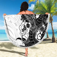 Hawaiian And Japanese Culture Beach Blanket Irezumi Dragon With Polynesian Pattern White - Polynesian Pride