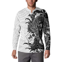 Hawaiian And Japanese Culture Button Sweatshirt Irezumi Dragon With Polynesian Pattern White LT05 - Polynesian Pride