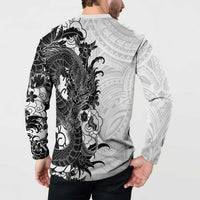 Hawaiian And Japanese Culture Button Sweatshirt Irezumi Dragon With Polynesian Pattern White LT05 - Polynesian Pride