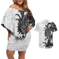 Hawaiian And Japanese Culture Couples Matching Off Shoulder Short Dress and Hawaiian Shirt Irezumi Dragon With Polynesian Pattern White - Polynesian Pride