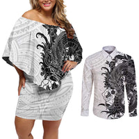 Hawaiian And Japanese Culture Couples Matching Off Shoulder Short Dress and Long Sleeve Button Shirt Irezumi Dragon With Polynesian Pattern White - Polynesian Pride