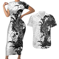 Hawaiian And Japanese Culture Couples Matching Short Sleeve Bodycon Dress and Hawaiian Shirt Irezumi Dragon With Polynesian Pattern White - Polynesian Pride