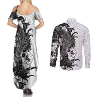 Hawaiian And Japanese Culture Couples Matching Summer Maxi Dress and Long Sleeve Button Shirt Irezumi Dragon With Polynesian Pattern White - Polynesian Pride