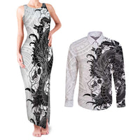 Hawaiian And Japanese Culture Couples Matching Tank Maxi Dress and Long Sleeve Button Shirt Irezumi Dragon With Polynesian Pattern White - Polynesian Pride