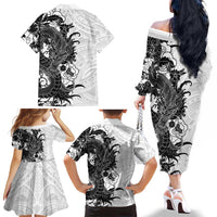 Hawaiian And Japanese Culture Family Matching Off The Shoulder Long Sleeve Dress and Hawaiian Shirt Irezumi Dragon With Polynesian Pattern White - Polynesian Pride