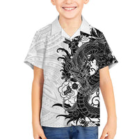 Hawaiian And Japanese Culture Family Matching Off The Shoulder Long Sleeve Dress and Hawaiian Shirt Irezumi Dragon With Polynesian Pattern White - Polynesian Pride