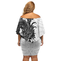 Hawaiian And Japanese Culture Family Matching Off Shoulder Short Dress and Hawaiian Shirt Irezumi Dragon With Polynesian Pattern White - Polynesian Pride