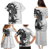 Hawaiian And Japanese Culture Family Matching Puletasi and Hawaiian Shirt Irezumi Dragon With Polynesian Pattern White - Polynesian Pride