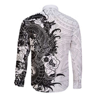 Hawaiian And Japanese Culture Long Sleeve Button Shirt Irezumi Dragon With Polynesian Pattern White LT05 - Polynesian Pride