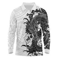 Hawaiian And Japanese Culture Long Sleeve Polo Shirt Irezumi Dragon With Polynesian Pattern White LT05 White - Polynesian Pride
