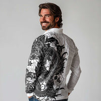 Hawaiian And Japanese Culture Long Sleeve Polo Shirt Irezumi Dragon With Polynesian Pattern White LT05 - Polynesian Pride