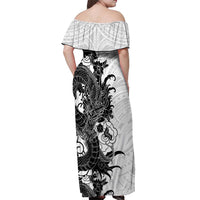 Hawaiian And Japanese Culture Off Shoulder Maxi Dress Irezumi Dragon With Polynesian Pattern White - Polynesian Pride