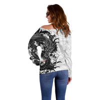 Hawaiian And Japanese Culture Off Shoulder Sweater Irezumi Dragon With Polynesian Pattern White - Polynesian Pride