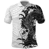 Hawaiian And Japanese Culture Polo Shirt Irezumi Dragon With Polynesian Pattern White LT05 White - Polynesian Pride