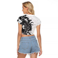Hawaiian And Japanese Culture Raglan Cropped T Shirt Irezumi Dragon With Polynesian Pattern White LT05 - Polynesian Pride