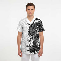 Hawaiian And Japanese Culture Scrub Top Irezumi Dragon With Polynesian Pattern White LT05 - Polynesian Pride