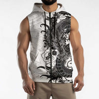 Hawaiian And Japanese Culture Sleeveless Zip Hoodie Irezumi Dragon With Polynesian Pattern White LT05 - Polynesian Pride