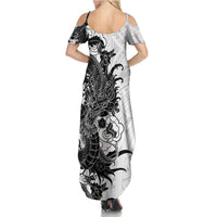 Hawaiian And Japanese Culture Summer Maxi Dress Irezumi Dragon With Polynesian Pattern White - Polynesian Pride