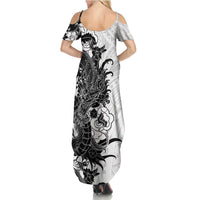 Hawaiian And Japanese Culture Summer Maxi Dress Irezumi Dragon With Polynesian Pattern White - Polynesian Pride