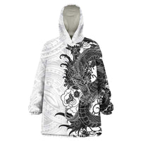 Hawaiian And Japanese Culture Wearable Blanket Hoodie Irezumi Dragon With Polynesian Pattern White LT05 One Size White - Polynesian Pride