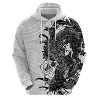 Hawaiian And Japanese Culture Zip Hoodie Irezumi Dragon With Polynesian Pattern White LT05 - Polynesian Pride