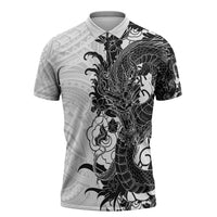 Hawaiian And Japanese Culture Zipper Polo Shirt Irezumi Dragon With Polynesian Pattern White LT05 White - Polynesian Pride