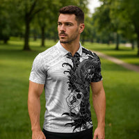 Hawaiian And Japanese Culture Zipper Polo Shirt Irezumi Dragon With Polynesian Pattern White LT05 - Polynesian Pride