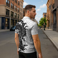Hawaiian And Japanese Culture Zipper Polo Shirt Irezumi Dragon With Polynesian Pattern White LT05 - Polynesian Pride
