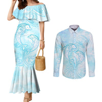 Polynesia Dolphins Under The Sea Couples Matching Mermaid Dress and Long Sleeve Button Shirt Simple Style LT05 Baby Blue - Polynesian Pride