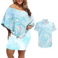 Polynesia Dolphins Under The Sea Couples Matching Off Shoulder Short Dress and Hawaiian Shirt Simple Style LT05 Baby Blue - Polynesian Pride